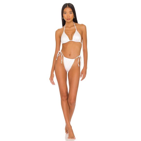 Good American Foiled Tiny Ties Triangle Bikini Top in Metallic White Size 2 - Picture 3 of 10